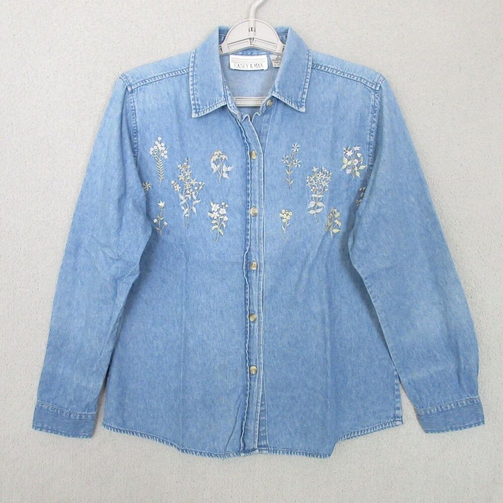 VTG Casey And Max Denim Shirt Embroidered Floral Button Up Womans‎ M Y2K